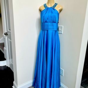 Juno blue satin long gown with jeweled neckline